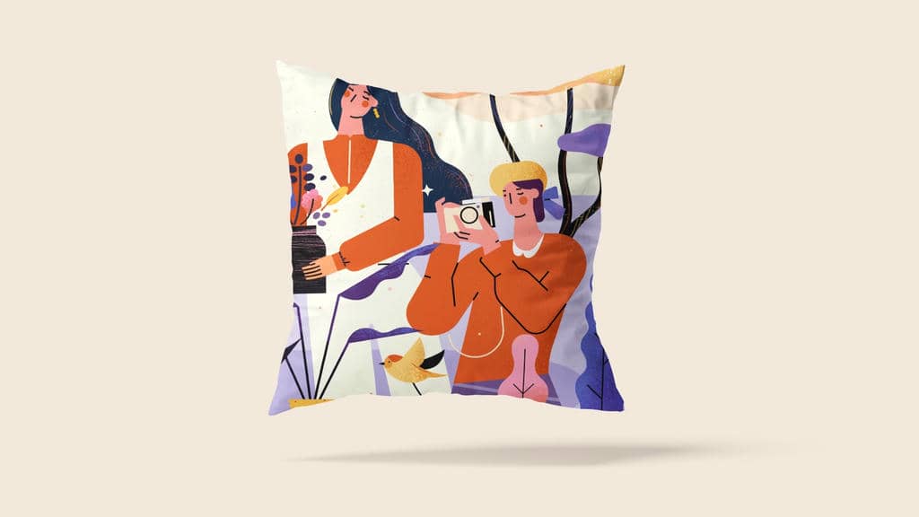 小园素纯手绘扁平风插画「飞鸟影」商业应用展示，用于抱枕印花插画设计，可商用