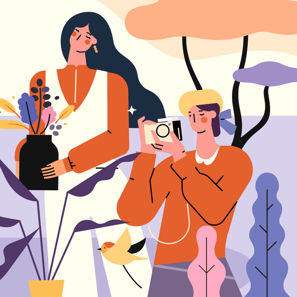 小园素纯手绘扁平风插画「飞鸟影」矢量上色版，由小园素元素组合而成，「紫陌芬芳」配色，可编辑可商用