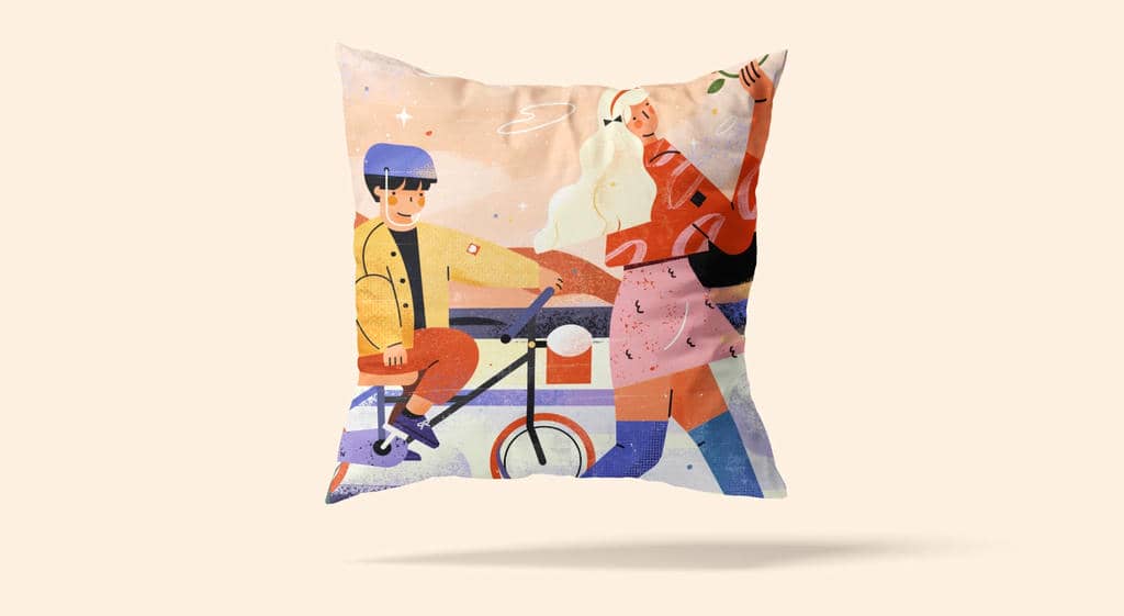 小园素纯手绘扁平风插画「沐光」商业应用展示，用于抱枕印花插画设计，可商用