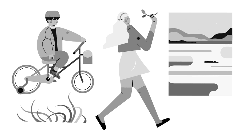 小园素纯手绘扁平风插画「沐光」的 SVG 元素展示，均来自小园素素材库，包含人物、儿童、风景、植物等元素，可编辑可商用