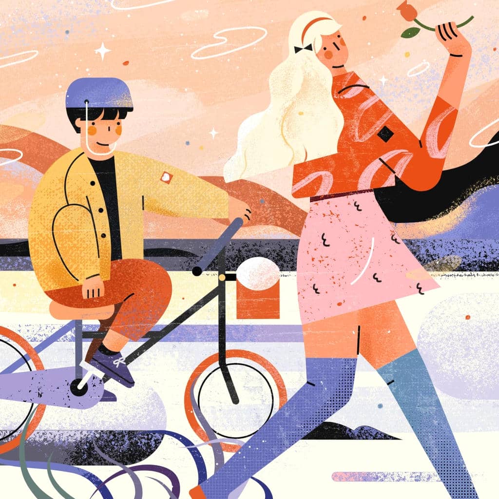 小园素纯手绘扁平风插画「沐光」肌理版，画面质感丰富，由骑车少年、持花女子与风景元素构成，可编辑可商用