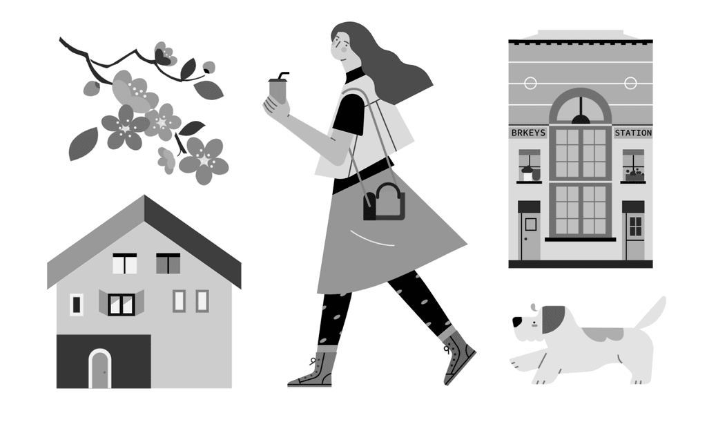 小园素纯手绘扁平风插画「光阴好①」的 SVG 元素展示，均来自小园素素材库，包含人物、动物、植物、建筑等元素，可编辑可商用