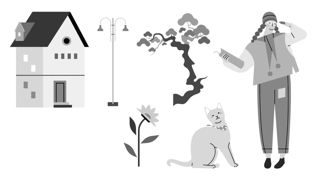 小园素纯手绘非 AI 插画「光阴好②」的 SVG 元素展示，均来自小园素素材库，包含人物、动物、植物、建筑等元素，可编辑可商用