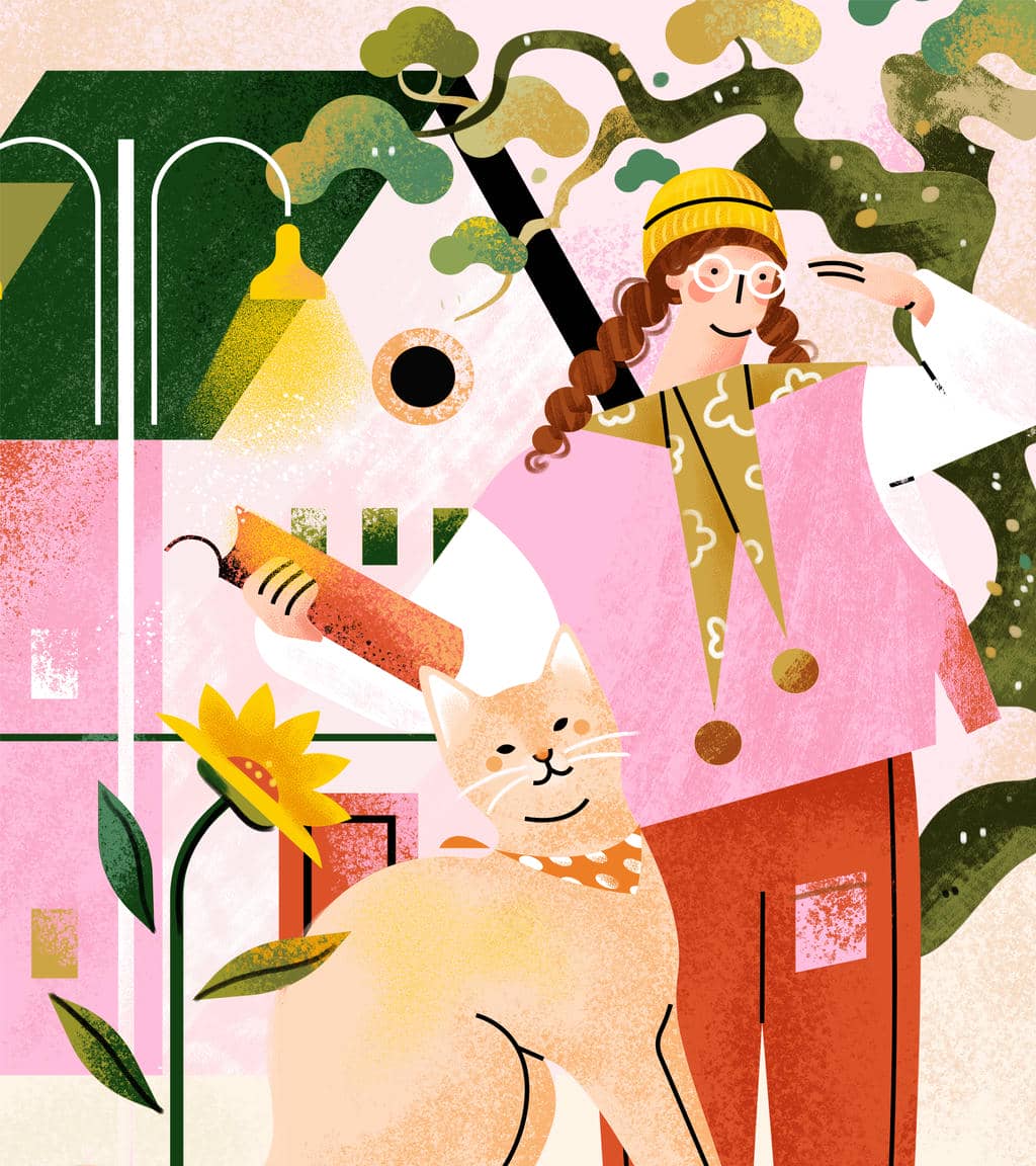 小园素纯手绘非 AI 插画「光阴好②」肌理最终版，画面质感丰富，由人物、猫咪、向日葵与建筑元素构成，可编辑可商用