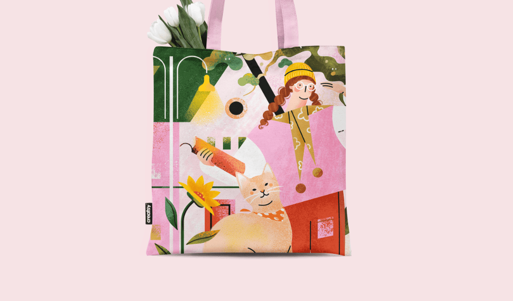 小园素纯手绘非 AI 插画「光阴好②」商业应用展示，用于帆布袋印花插画设计，可商用