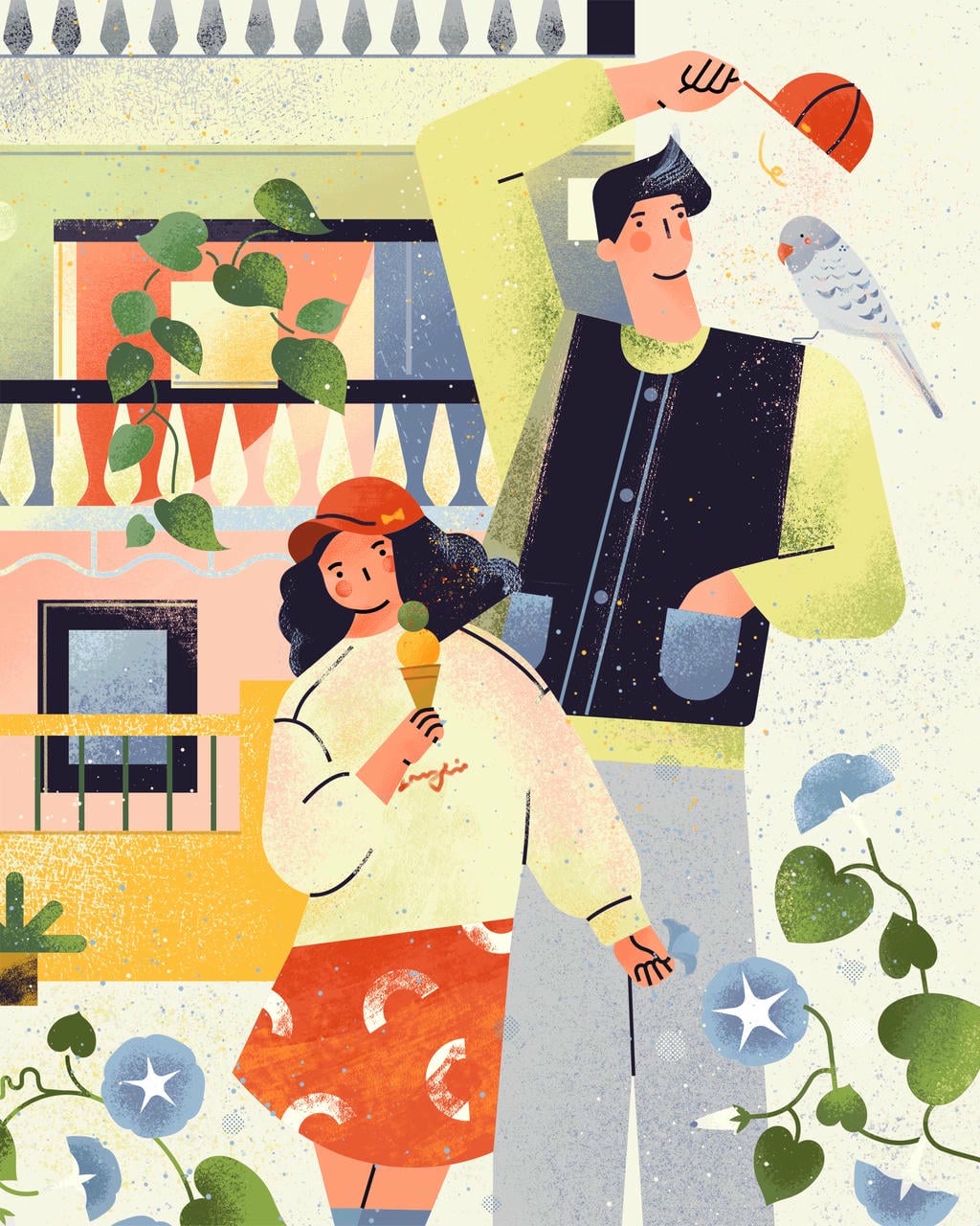 小园素纯手绘扁平风插画「光阴好③ Lovely Moment」矢量版，由小园素元素组合上色而成，温柔清新配色，可商用