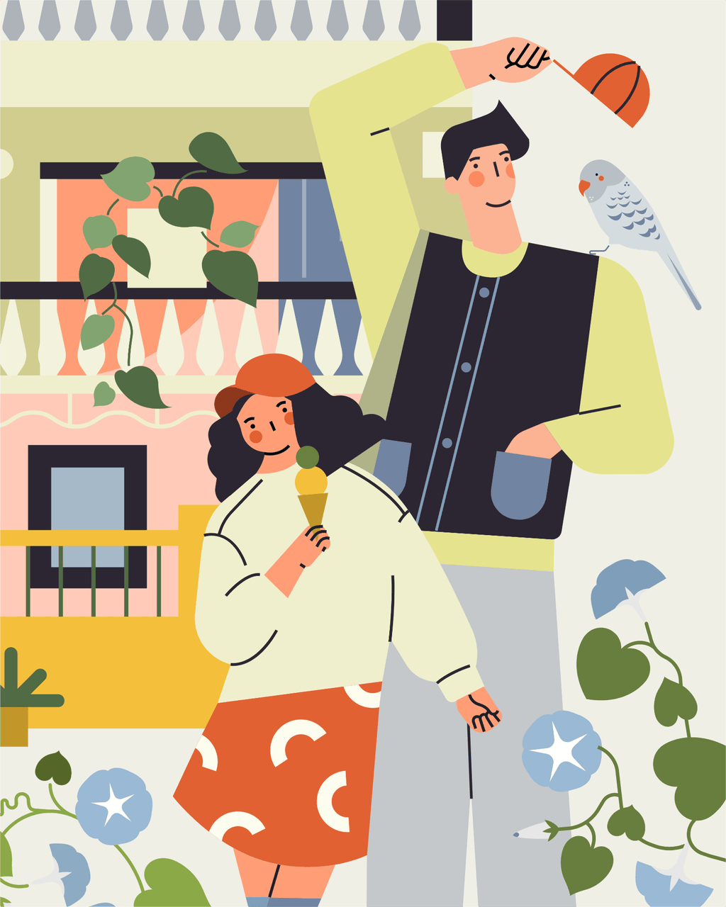 小园素纯手绘扁平风插画「光阴好③ Lovely Moment」的SVG元素展示，所有元素均来自小园素素材库，包含人物、植物、建筑元素，可商用