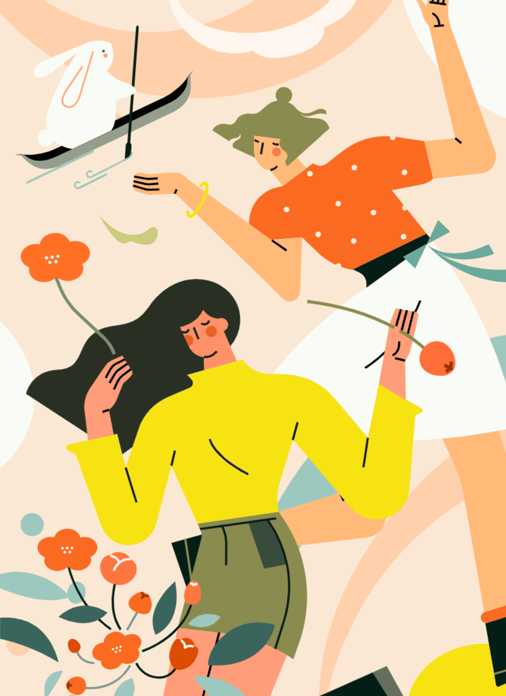 小园素纯手绘扁平风插画「花漾趣玩②」矢量上色版，由小园素的元素组合而成，「温柔米橙」配色，可编辑可商用