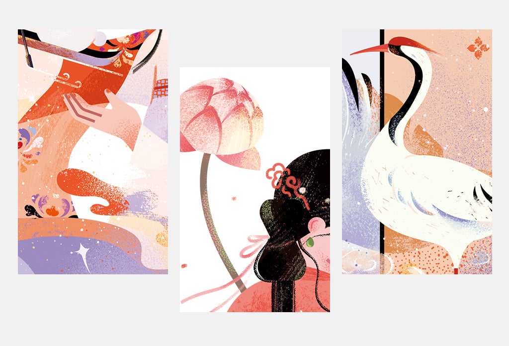 小园素纯手绘非AI古风插画作品「任天真｜唐诗系列①」，局部细节拼接，展示荷花、仙鹤与人物局部等国风元素的细节展示。