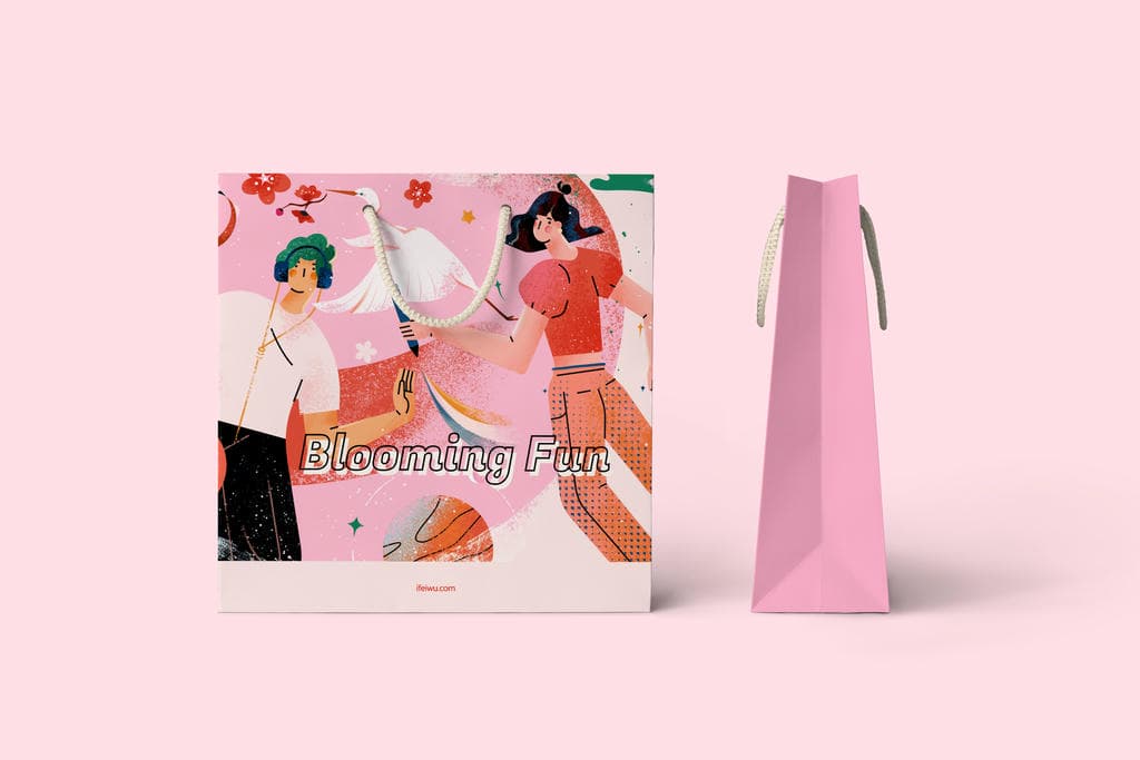 小园素纯手绘非 AI 插画「星河闲游」商业应用展示，用于礼品套装与纸袋印花插画设计，可商用