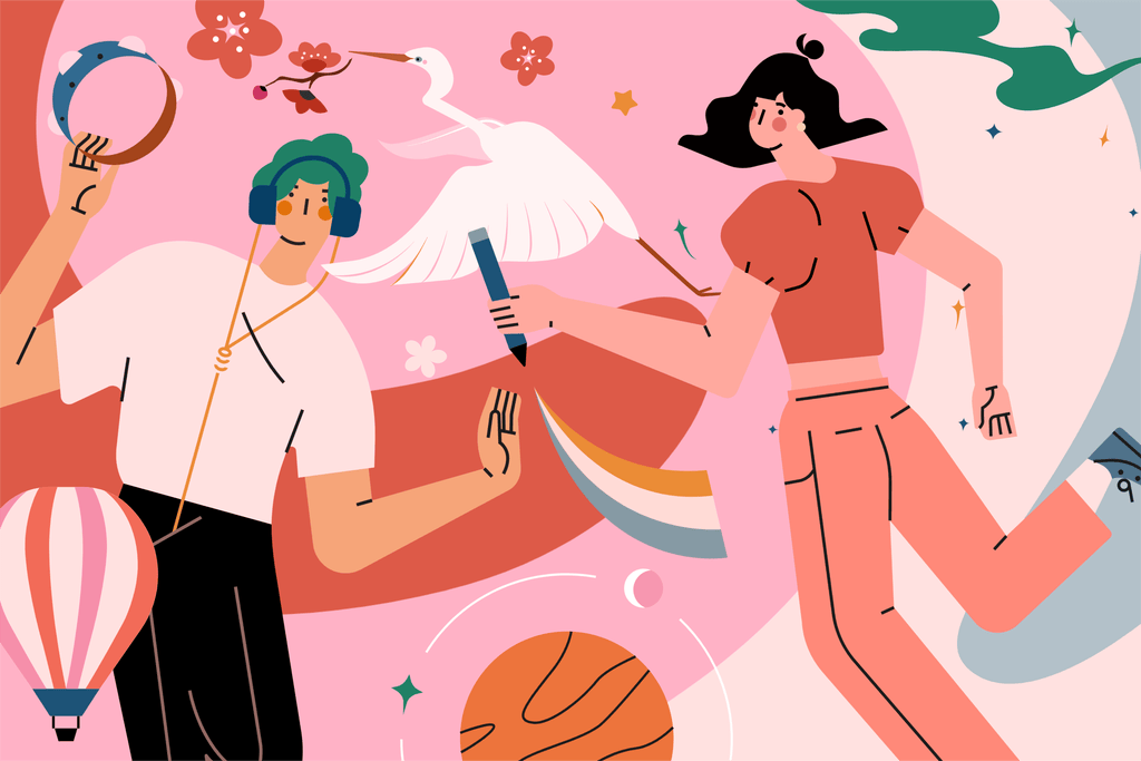 小园素纯手绘非 AI 插画「星河闲游」矢量上色版，由小园素元素组合而成，「甜粉橘绿」配色，可编辑可商用