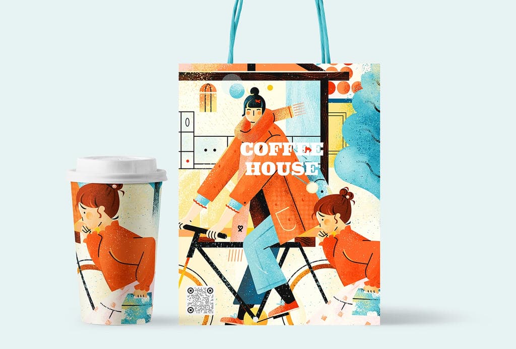 小园素纯手绘扁平风插画「暖途」商业应用展示，用于饮品包装插画设计，可商用