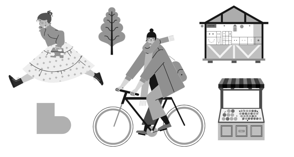 小园素纯手绘扁平风插画「暖途」的 SVG 元素展示，均来自小园素素材库，包含人物、建筑、植物、背景图形等元素，可编辑可商用