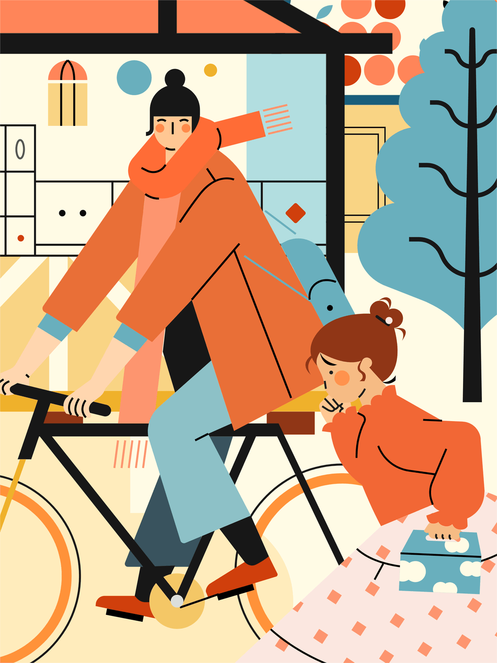 小园素纯手绘扁平风插画「暖途」矢量上色版，由小园素元素组合而成，「鲜亮橘蓝」配色，可编辑可商用