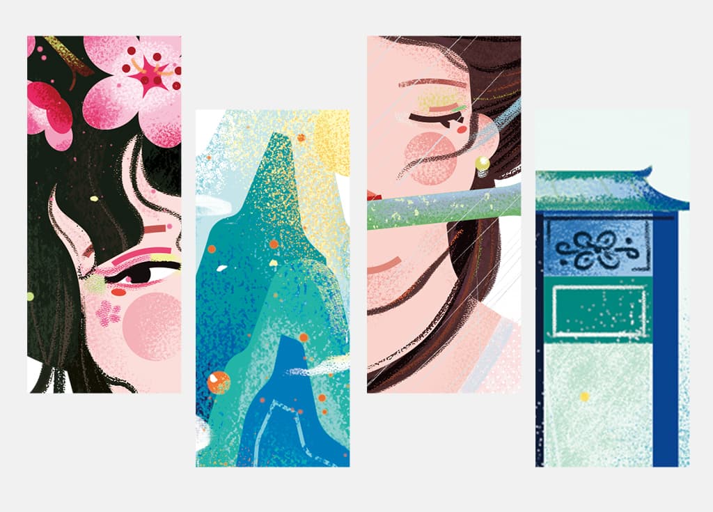 小园素纯手绘扁平风古风插画作品「一天星｜宋词系列②」，画面细节拼接展示，结合诗词元素与国风原创贴纸，可商用。