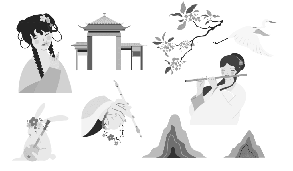 小园素纯手绘扁平风古风插画作品「一天星｜宋词系列②」，SVG 矢量元素展示，可编辑可商用。