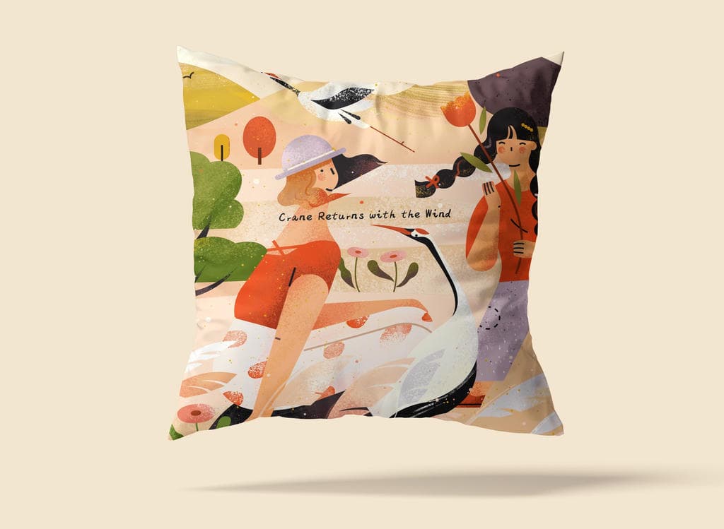 小园素纯手绘扁平风插画「风归鹤」商业应用展示，用于抱枕插画设计，可商用
