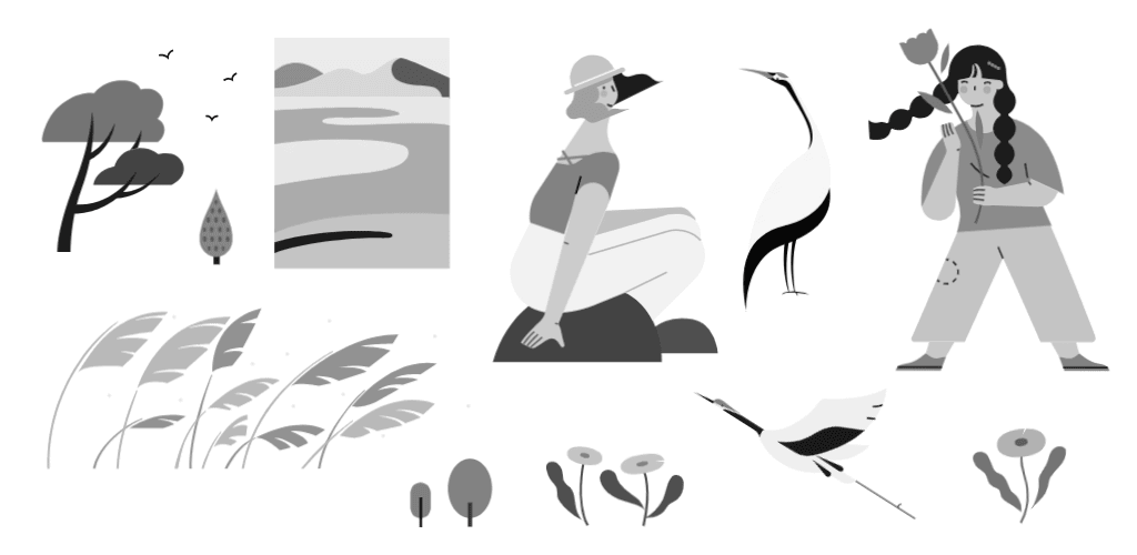 小园素纯手绘扁平风插画「风归鹤」的 SVG 元素展示，均来自小园素素材库，包含人物、仙鹤、花草、树木等元素，可编辑可商用