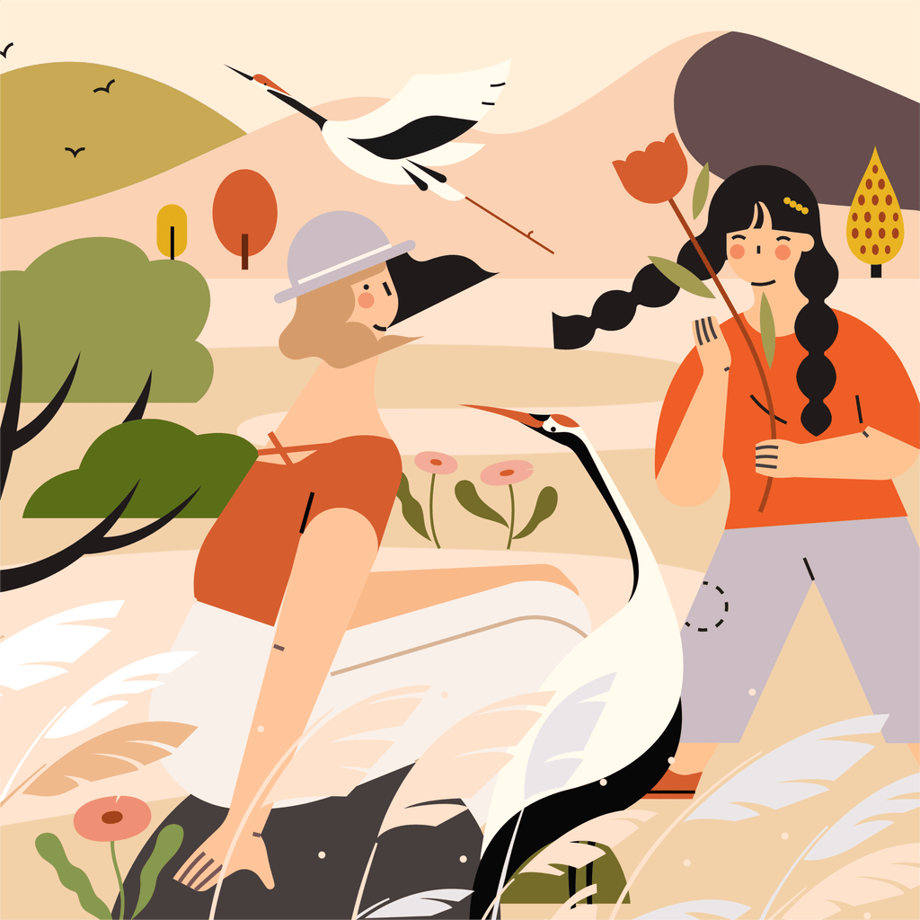 小园素纯手绘扁平风插画「风归鹤」矢量上色版，由小园素的元素组合而成，使用奶咖暖橘的配色，可编辑可商用