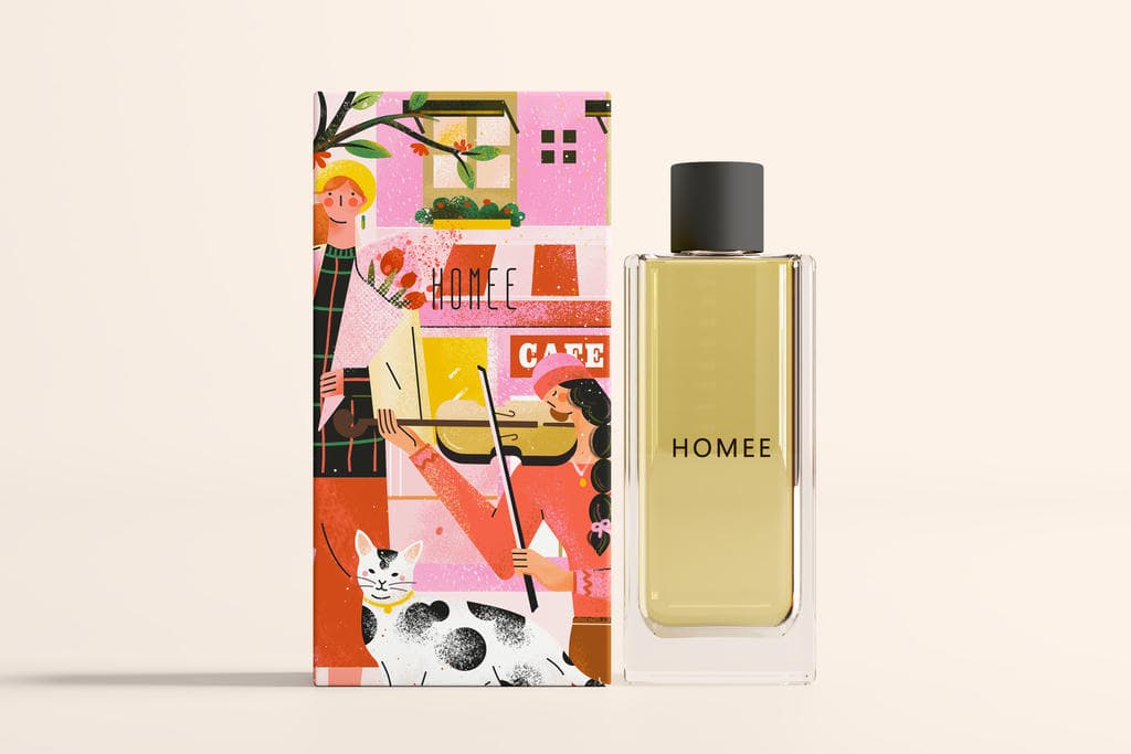 小园素纯手绘扁平风插画「街角的小提琴・Blooming Fun」商业应用展示，用于香氛包装插画设计，可商用