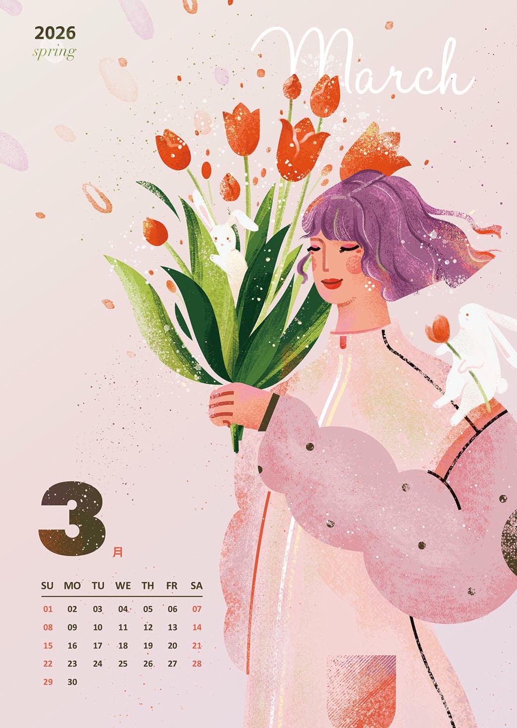 小园素纯手绘扁平风日历插画作品「三月」日历插画设计，画面质感丰富，由抱花女孩、郁金香、兔子、春日场景构成，可编辑可商用