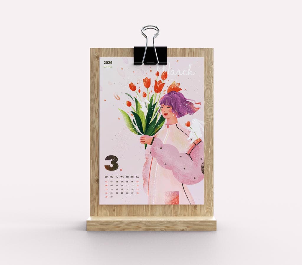 小园素纯手绘扁平风日历插画作品「三月」商业应用展示，用于月历插画设计，单张月历展示，可商用
