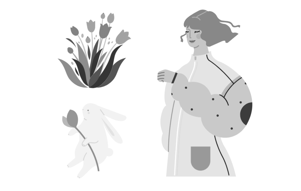 小园素纯手绘扁平风日历插画作品「三月」的 SVG 元素展示，均来自小园素素材库，包含抱花女孩、郁金香、兔子等元素，可编辑可商用