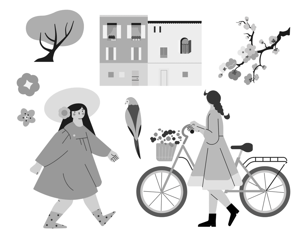 小园素纯手绘扁平风插画「花事・lovely Moment」的 SVG 元素展示，均来自小园素素材库，包含人物、儿童、动物、植物、建筑等元素，可编辑可商用